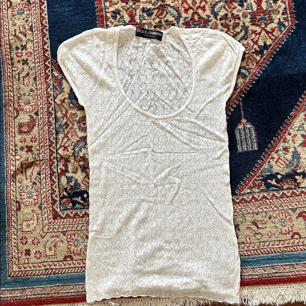 Dolce & Gabbana Cream Lace Scoop-Neck Knit Top